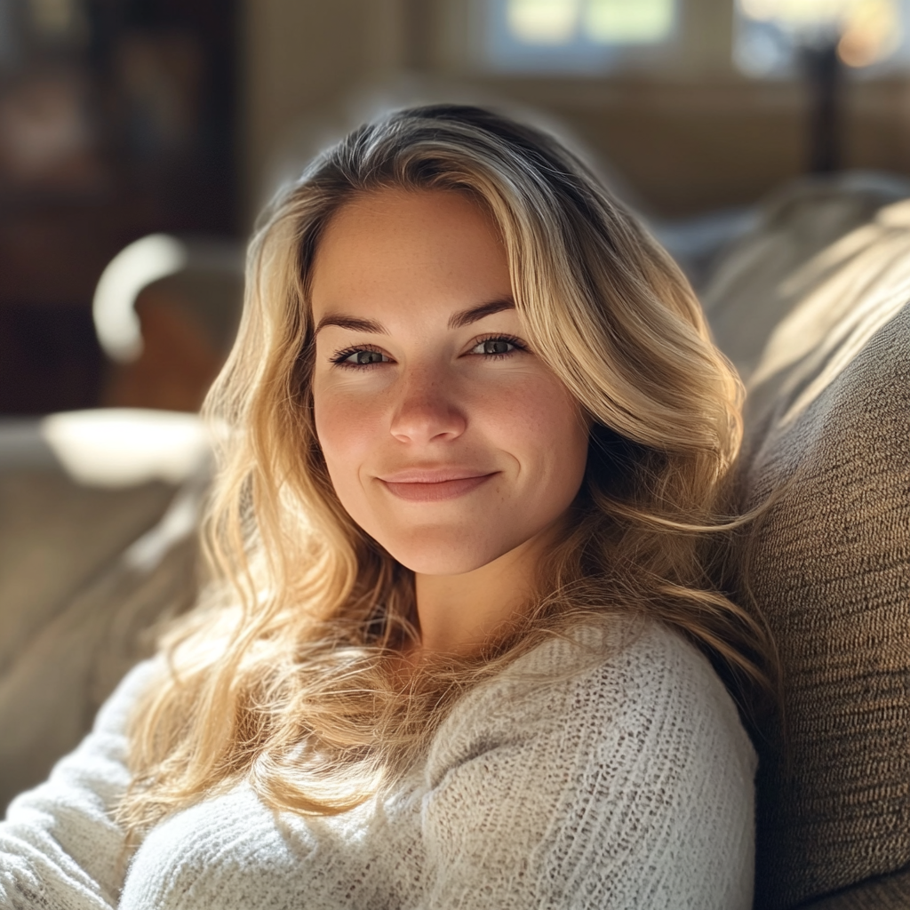 Una mujer sonriente descansando en un sofá | Fuente: Midjourney