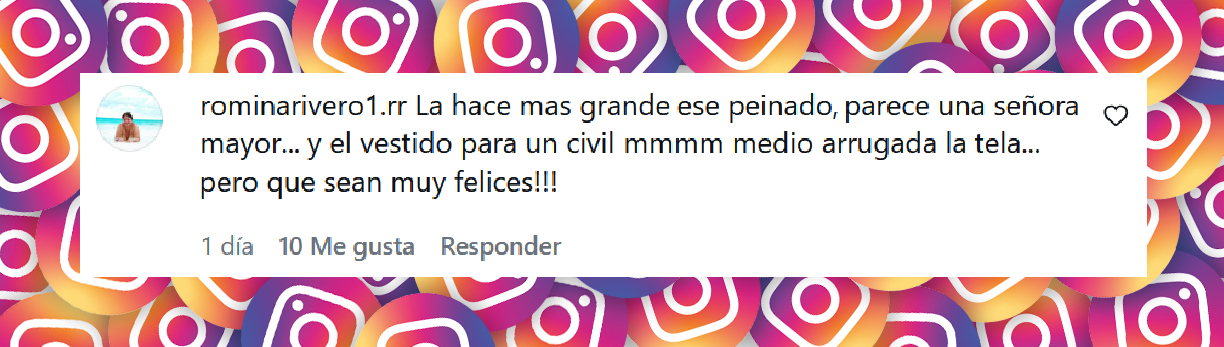 Comentario de una usuaria sobre el vestido elegido por Cande Ruggeri para su boda con Nicolás Maccari | Fuente: Instagram/caleruggeri