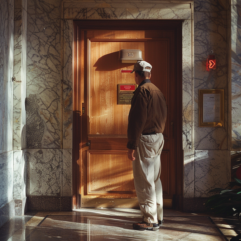 Hombre ante la puerta de una habitación de hotel | Fuente: Mijourney