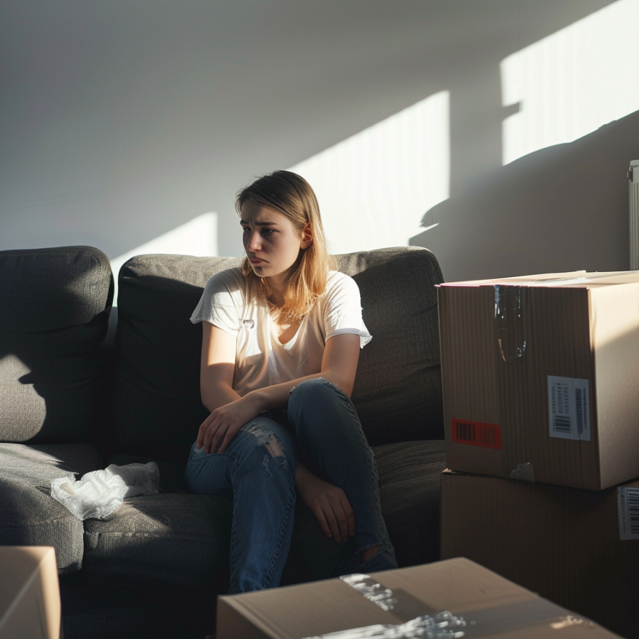 Una mujer sentada sola en un sofá contemplando algo con cajas de cartón alrededor | Fuente: Midjourney