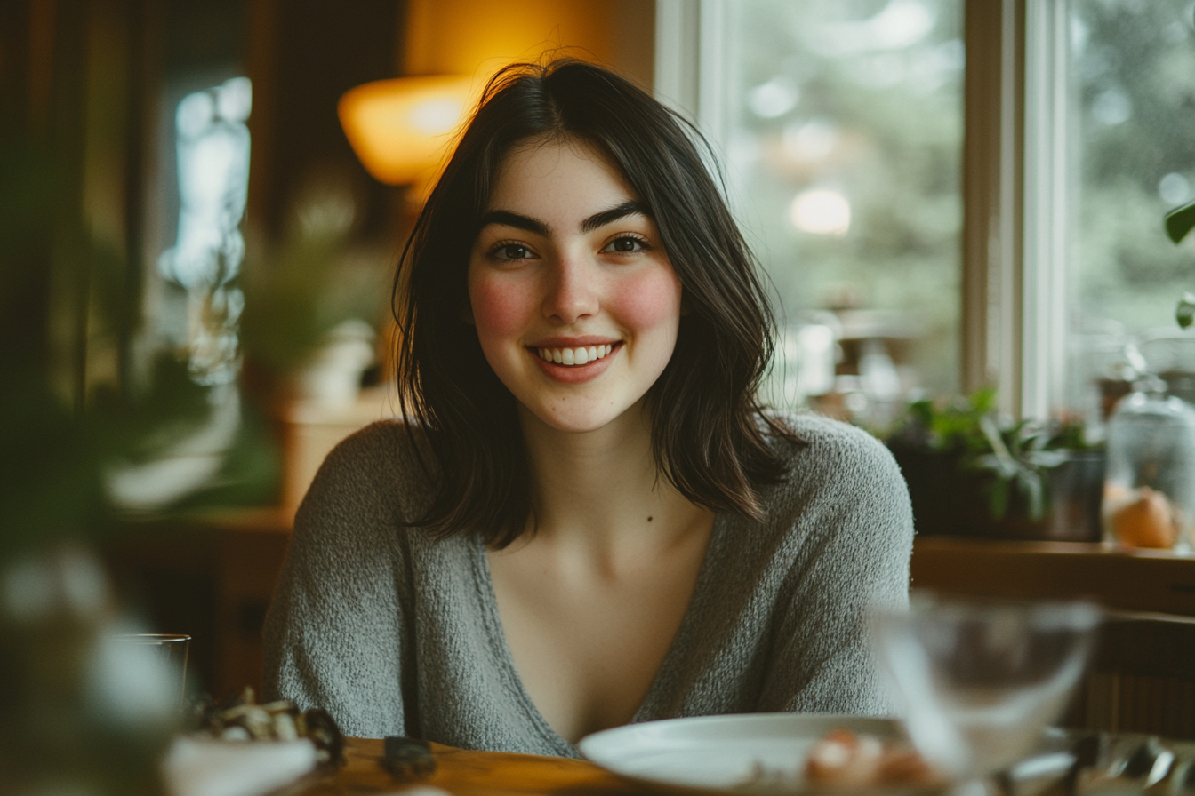 Una mujer sonriendo en la mesa del desayuno | Fuente: Midjourney