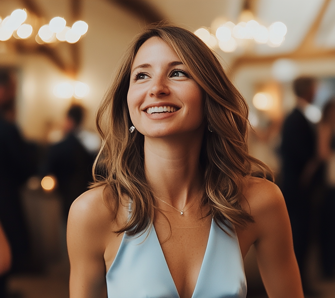 Una mujer sonriente en un banquete de boda | Fuente: Midjourney
