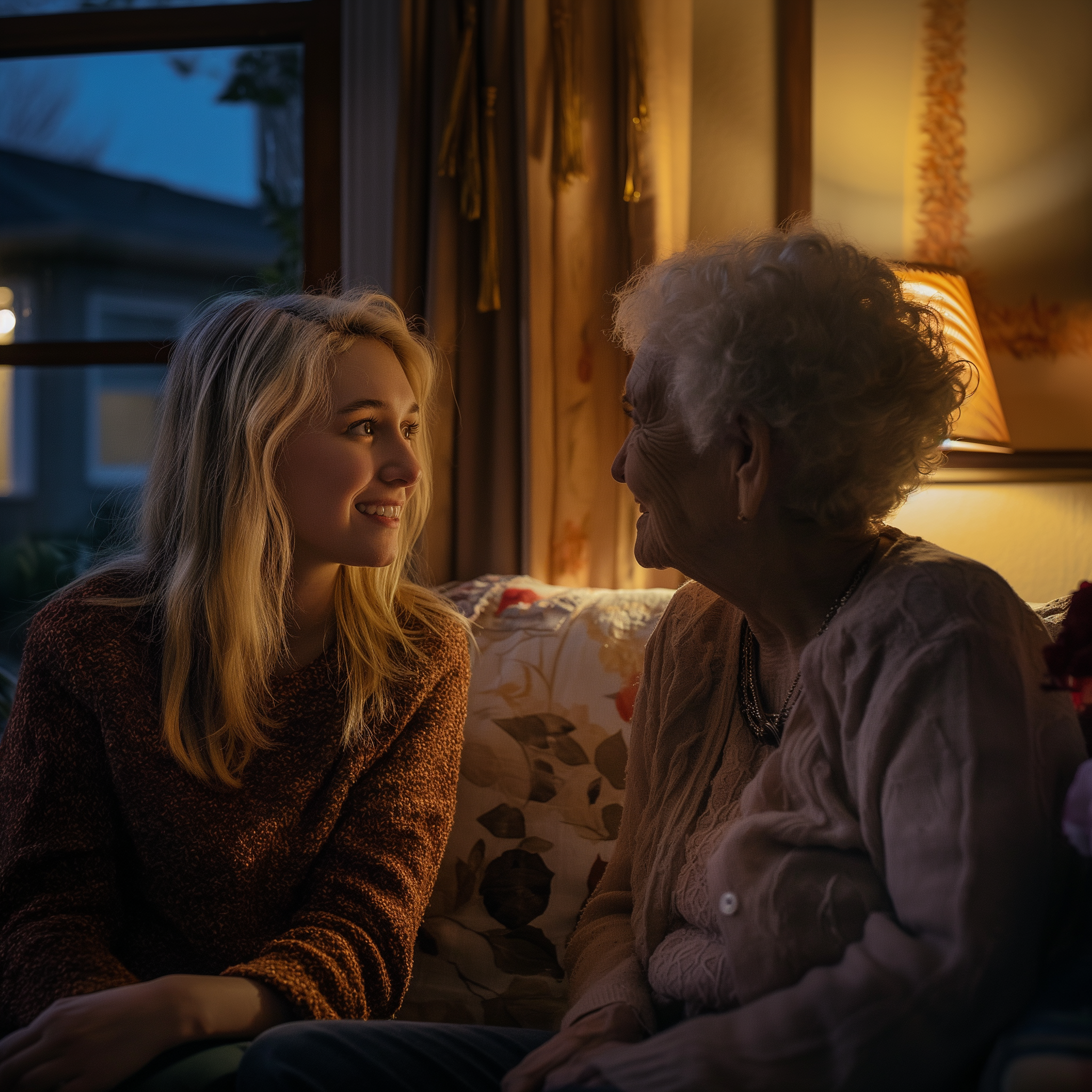 Una mujer sentada con su abuela en mitad de la noche | Fuente: Midjourney