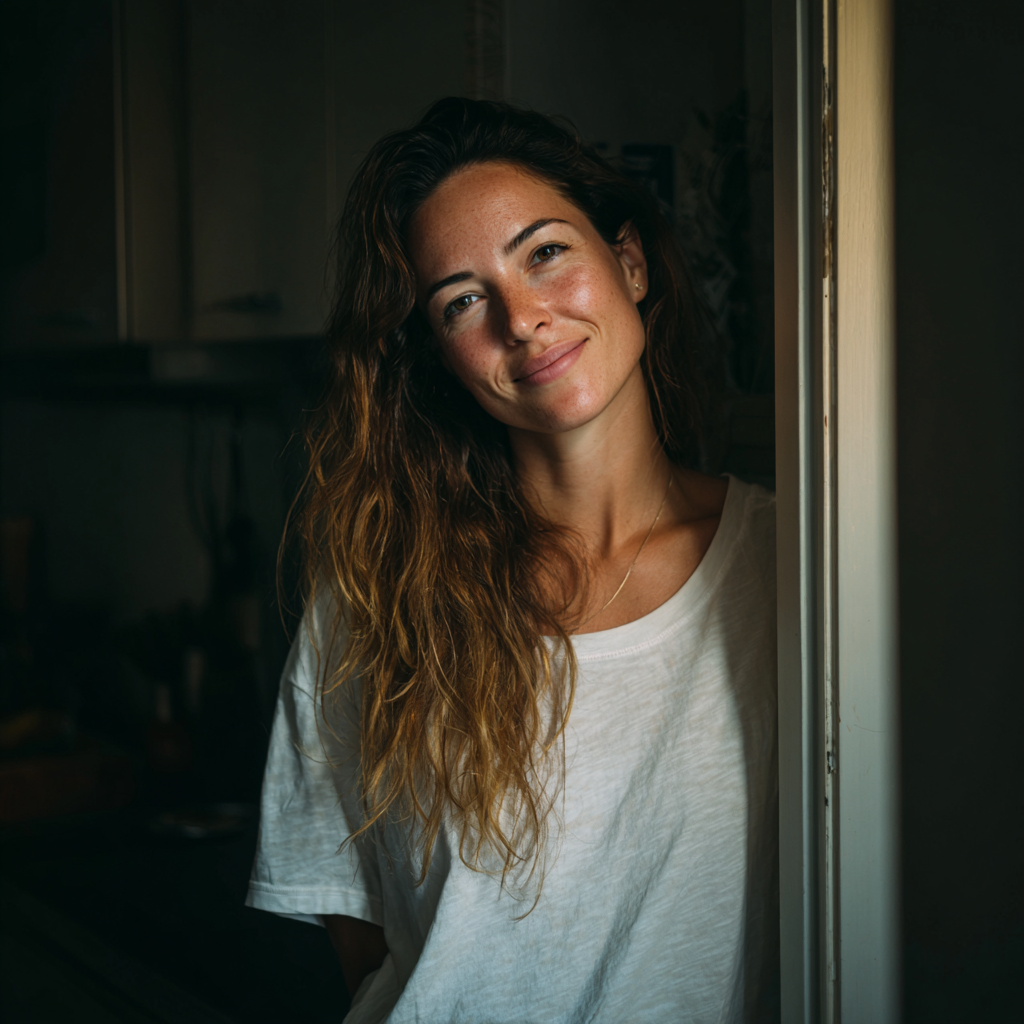 Una donna sorridente in piedi davanti alla porta di casa | Fonte: Midjourney