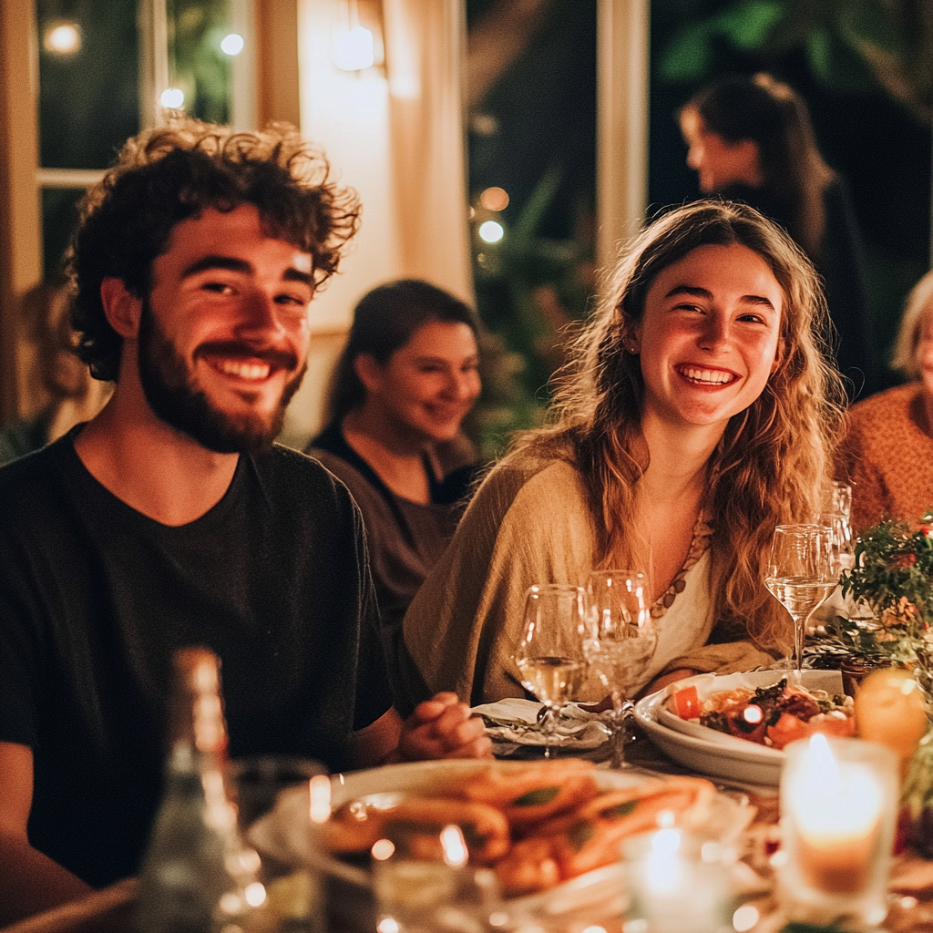 Pareja sentada entre parientes durante una cena familiar | Fuente: Midjourney