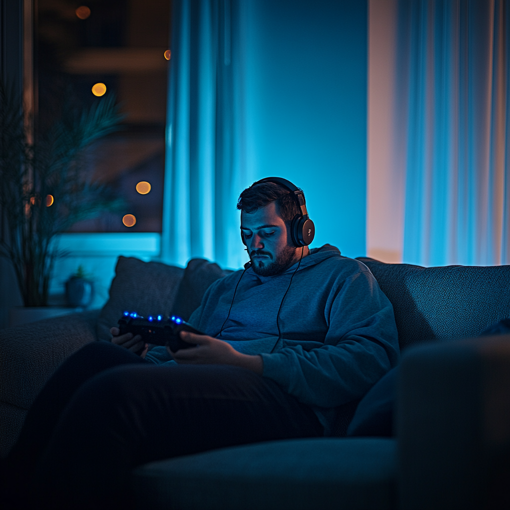 Hombre sentado en un sofá, jugando a videojuegos por la noche | Fuente: Midjourney