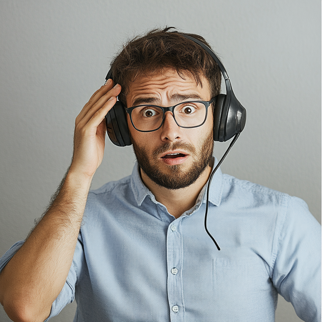 Hombre con auriculares y rascándose la cabeza confundido | Fuente: Midjourney