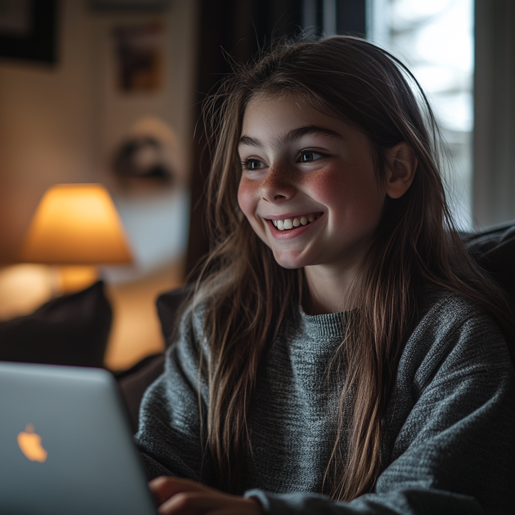 Una niña sonríe mientras utiliza su ordenador portátil | Fuente: Midjourney