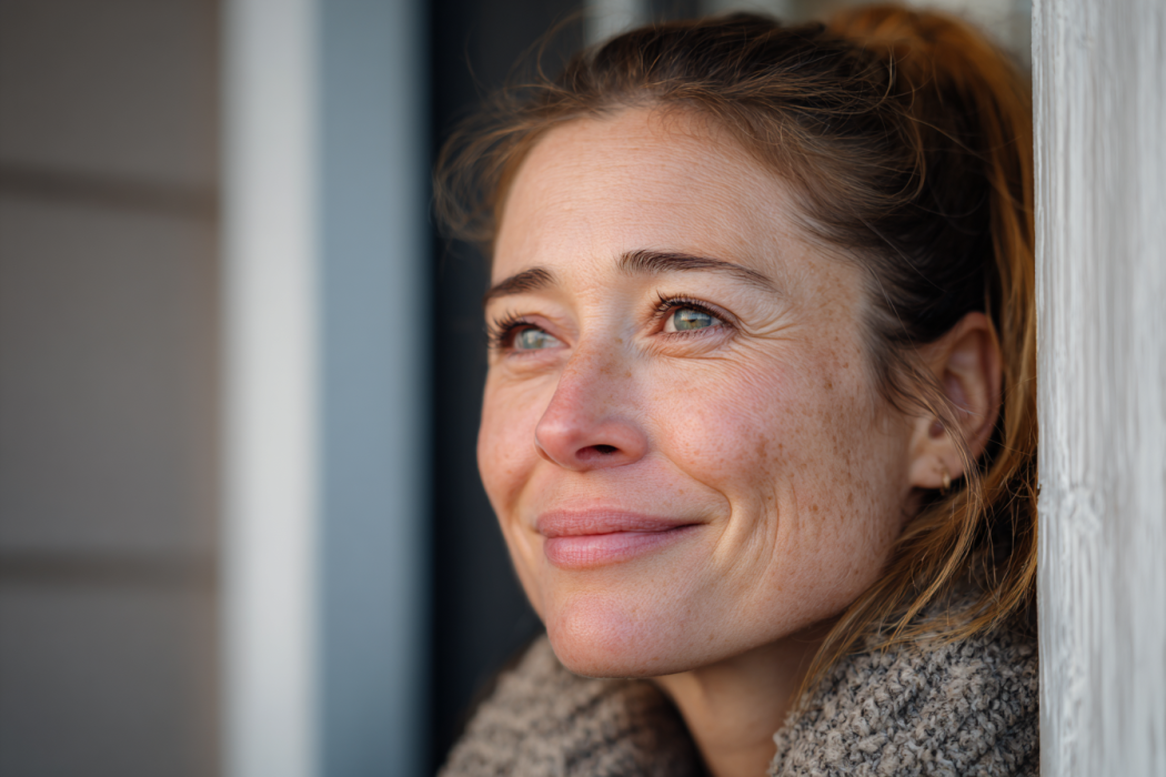 Una mujer emocional en el umbral de una casa | Fuente: Midjourney