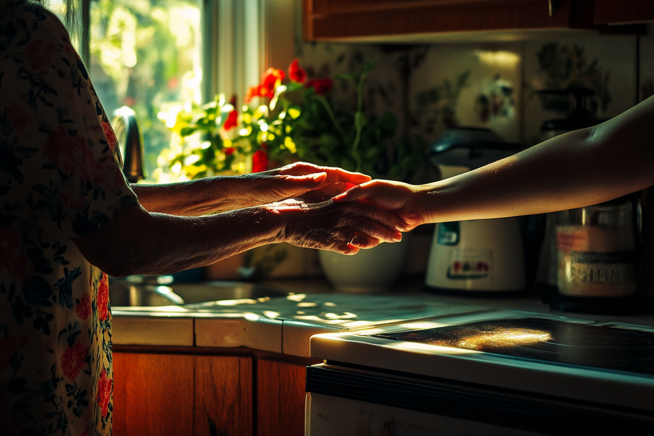 Mujer mayor acariciando la mano de una mujer joven en la cocina | Fuente: Midjourney