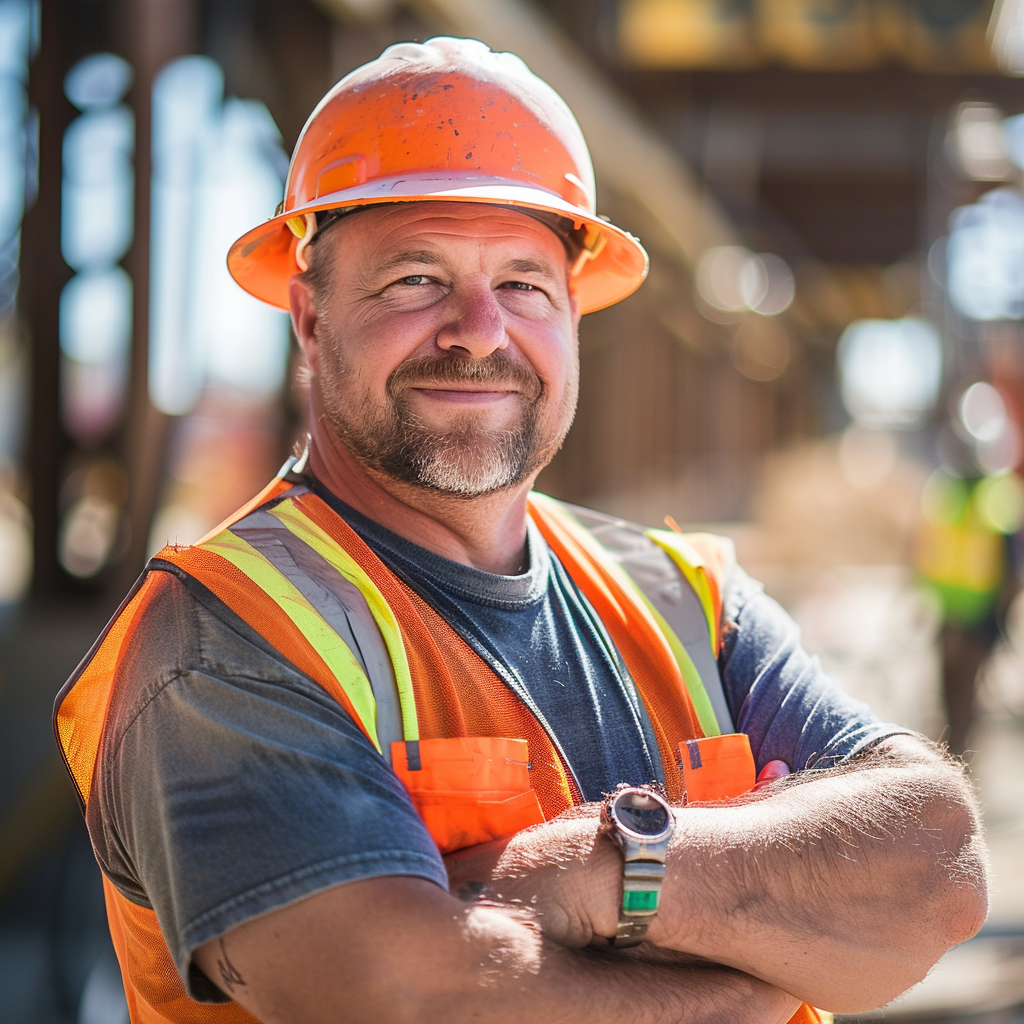 Un obrero de la construcción sonriente con los brazos cruzados | Fuente: Midjourney