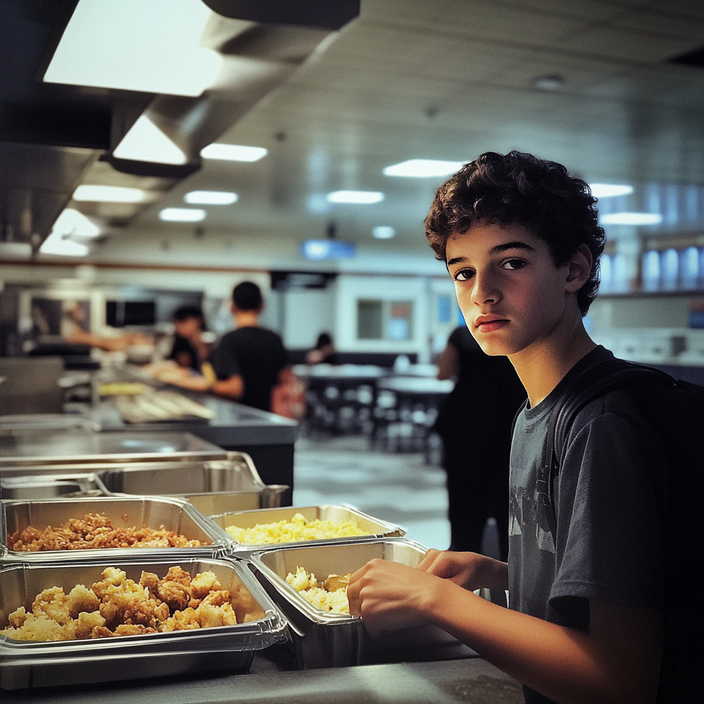 Un niño en un comedor escolar | Fuente: Midjourney