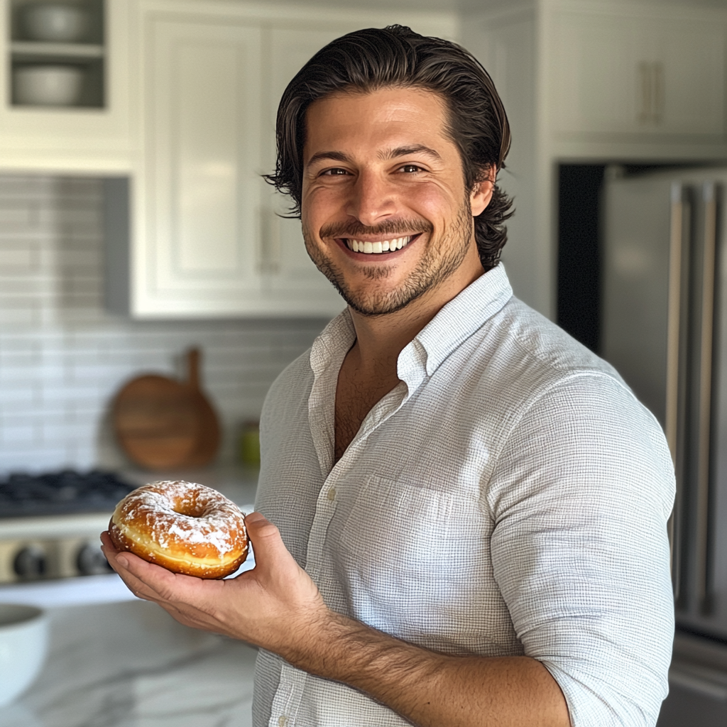 Un hombre con un donut en la mano | Fuente: Midjourney