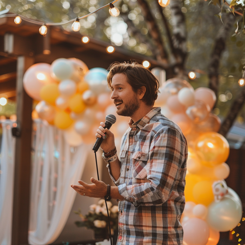 Un hombre hablando por un micrófono en una fiesta de revelación de género | Fuente: Midjourney