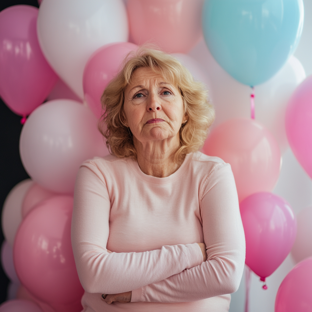 Mujer con los brazos cruzados y expresión severa de pie sobre un fondo de globos | Fuente: Midjourney