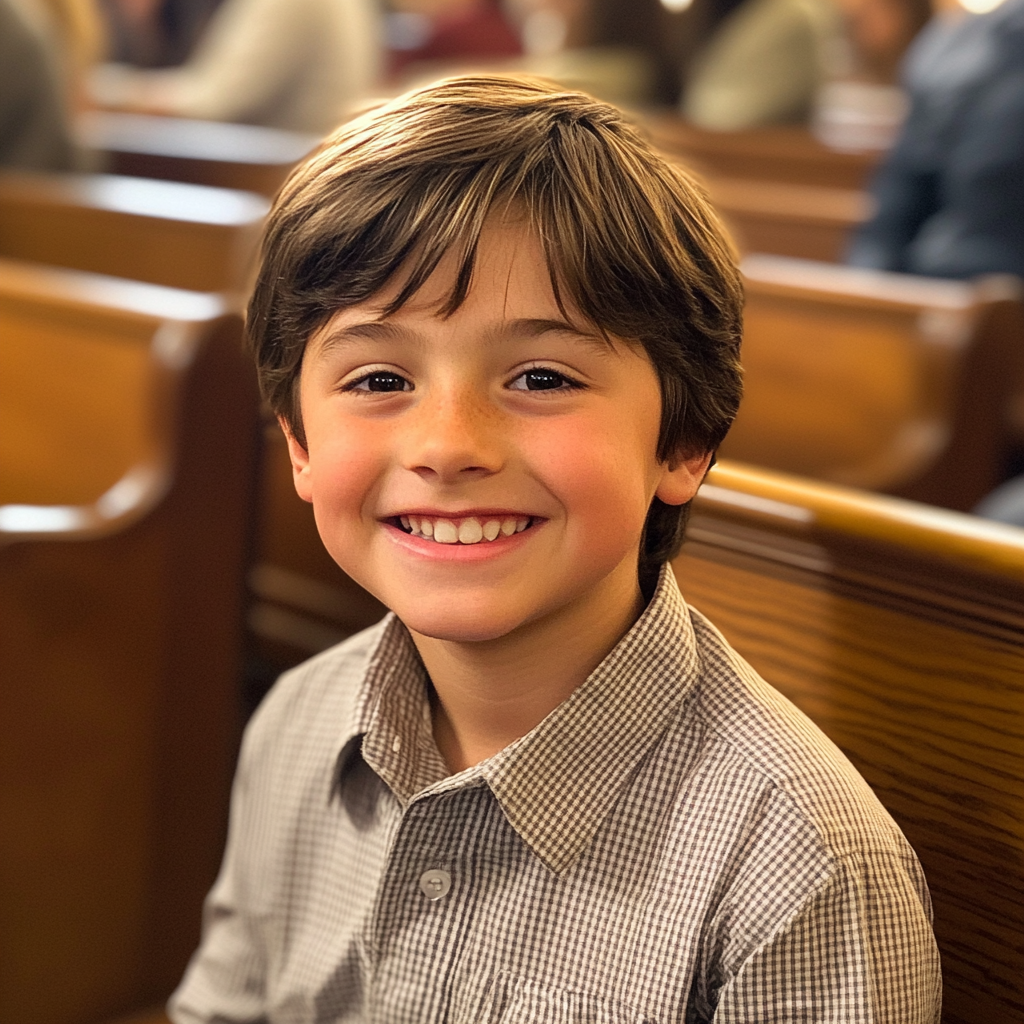 Un niño sonriente sentado en el banco de una iglesia | Fuente: Midjourney