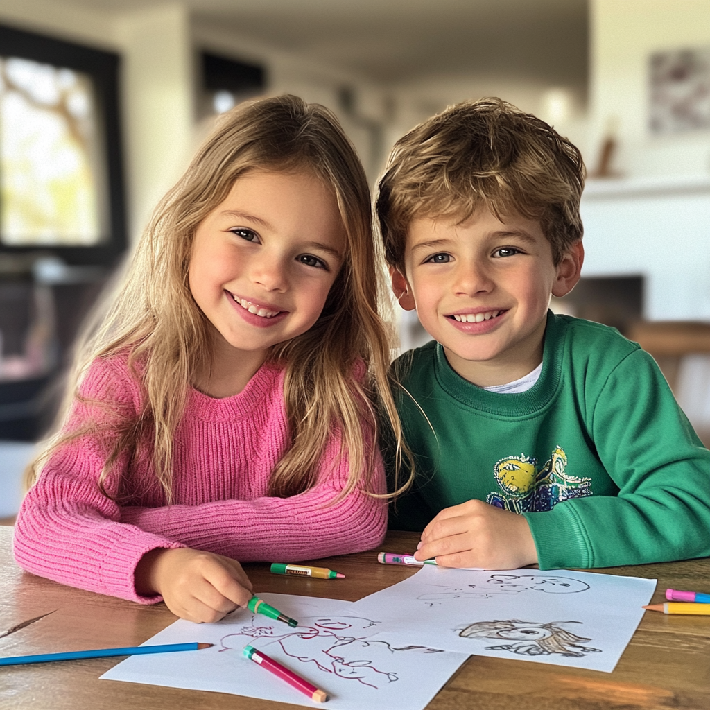 Dos niños sonrientes sentados a una mesa con lápices de colores y dibujos | Fuente: Midjourney