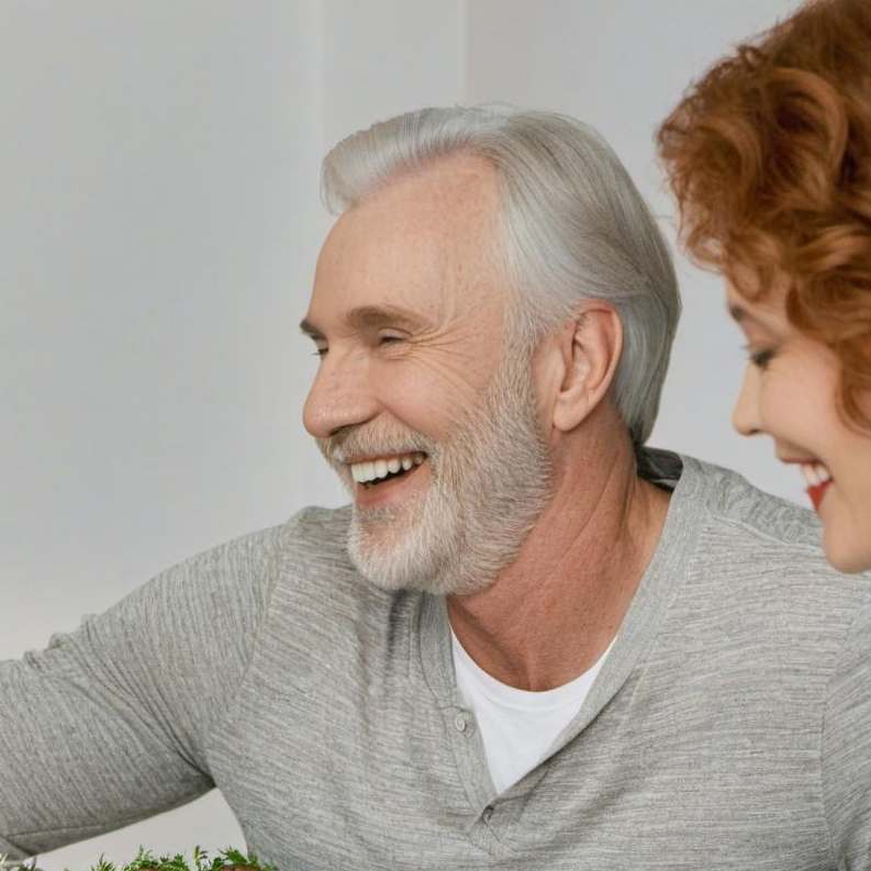 Un anciano sonríe feliz durante la conversación de la cena | Fuente: Midjourney