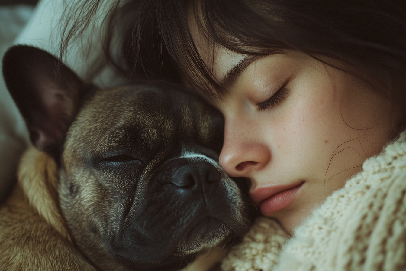 Mujer triste tumbada en la cama junto a su perro | Fuente: Midjourney