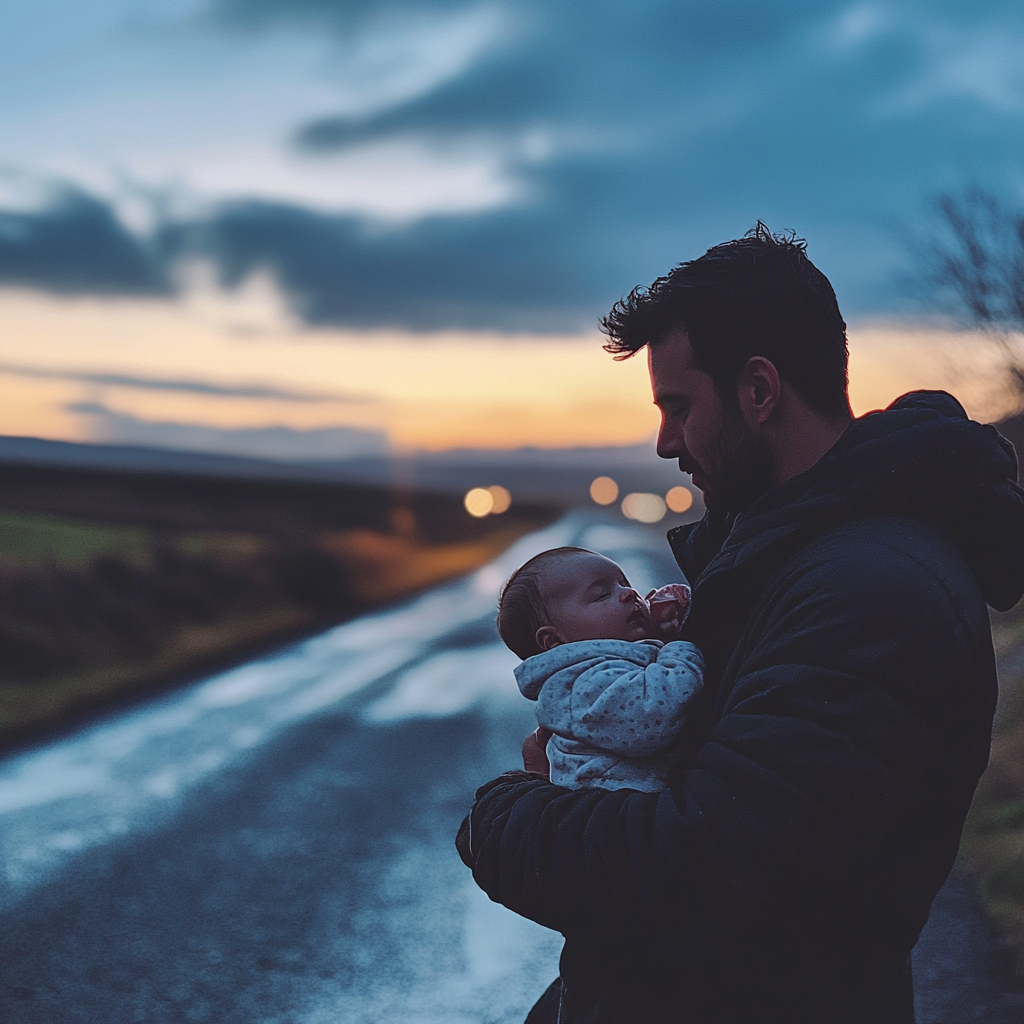 Un hombre con una bebé recién nacida en brazos | Fuente: Midjourney