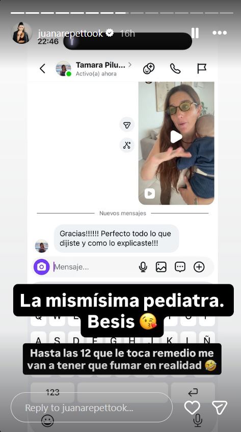 Juana Repetto muestra una de sus conversaciones con su pediatra | Fuente: Instagram/juanarepettook