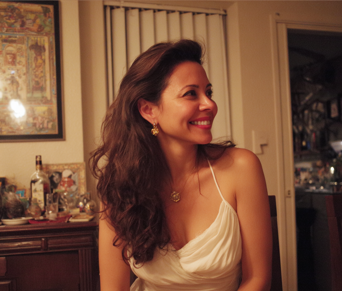 Una donna divertita seduta a un tavolo | Fonte: Midjourney