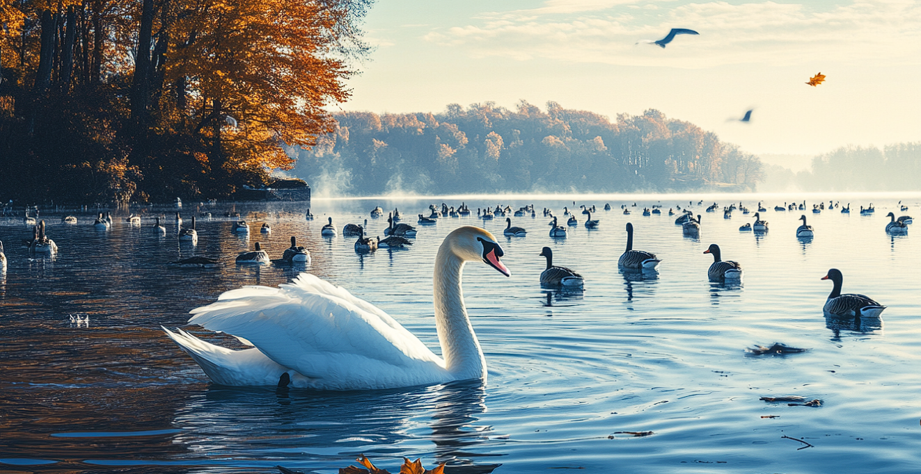 Un cisne nadando en un lago con otras aves acuáticas | Fuente: Midjourney