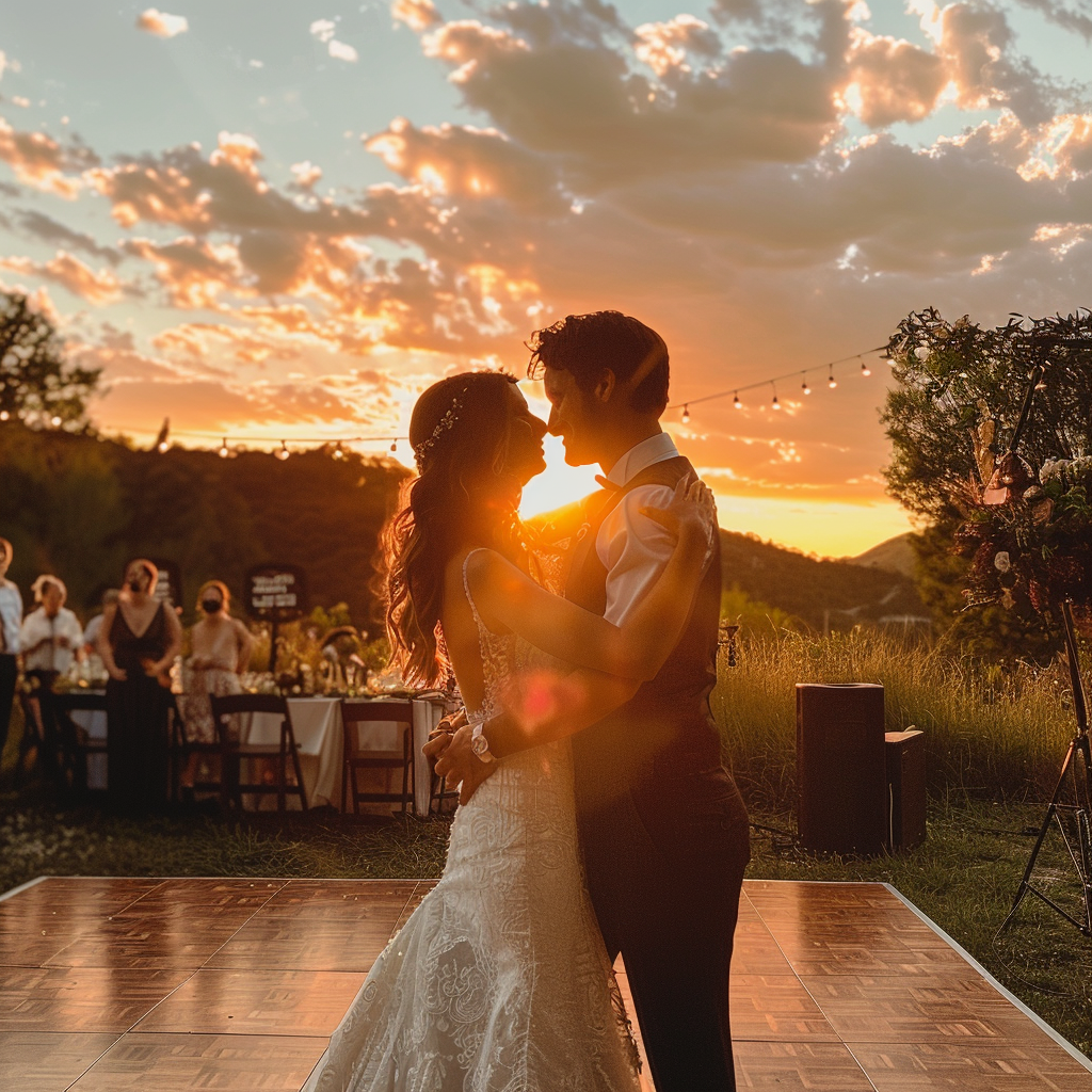 Novios bailando durante la hora dorada | Fuente: Midjourney