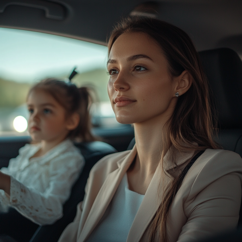 Mujer joven y niña en un automóvil. | Fuente: Midjourney