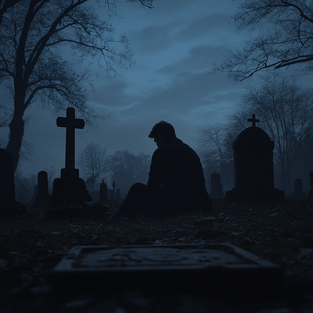 Un hombre sentado en un cementerio | Fuente: Midjourney