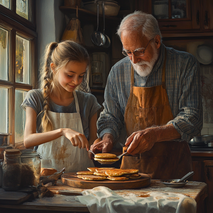 Un abuelo y una adolescente haciendo tortitas | Fuente: Midjourney