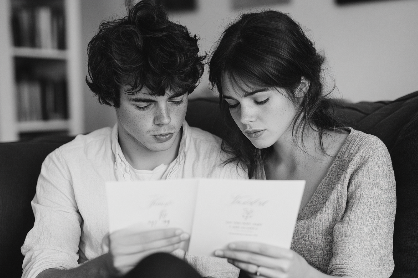 Pareja mirando una tarjeta de invitación de boda | Fuente: Midjourney