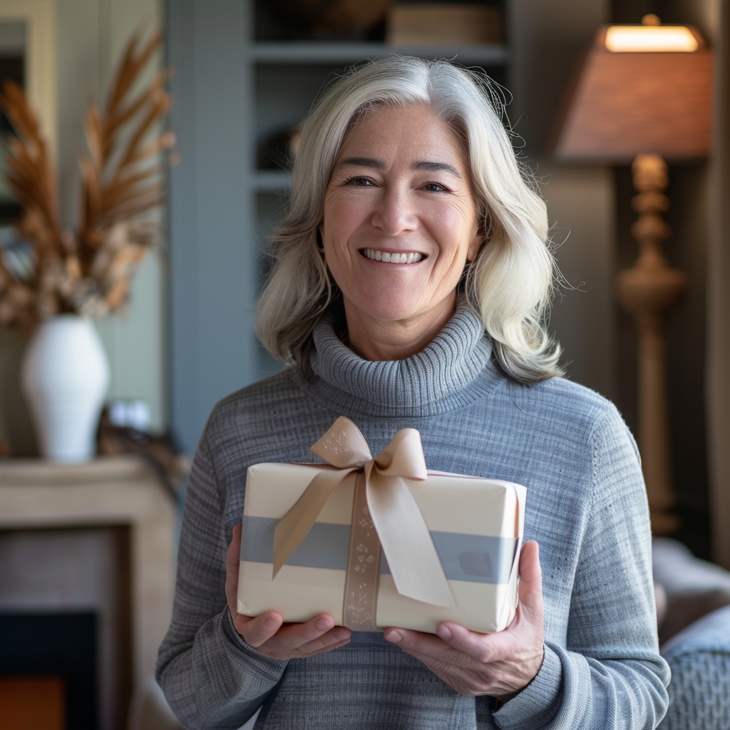 Una mujer mayor sonriente con una caja de regalo en la mano | Fuente: Midjourney