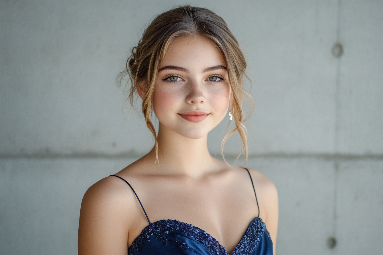 Una chica con un vestido de graduación azul oscuro | Fuente: Midjourney