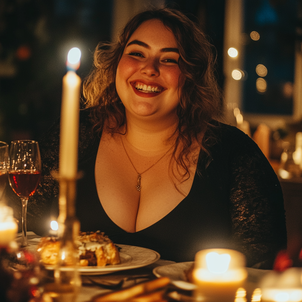 Una mujer sonriendo durante su cena de cumpleaños | Fuente: Midjourney