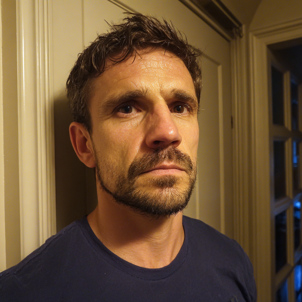 Un uomo pensieroso che indossa una maglietta della Marina Militare | Fonte: Midjourney