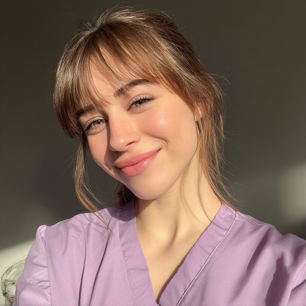 Una giovane donna che indossa un camice lilla | Fonte: Midjourney