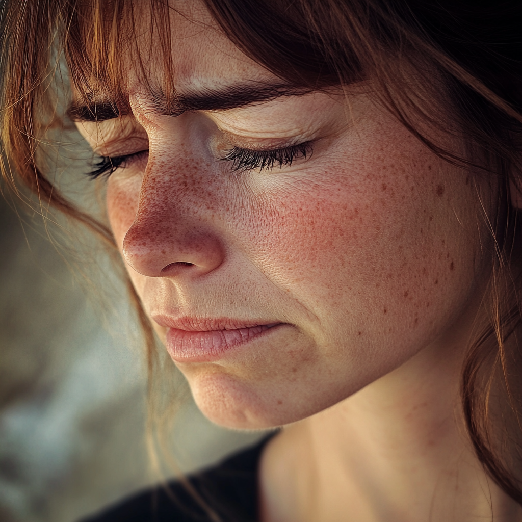 Una mujer alterada con los ojos cerrados | Fuente: Midjourney