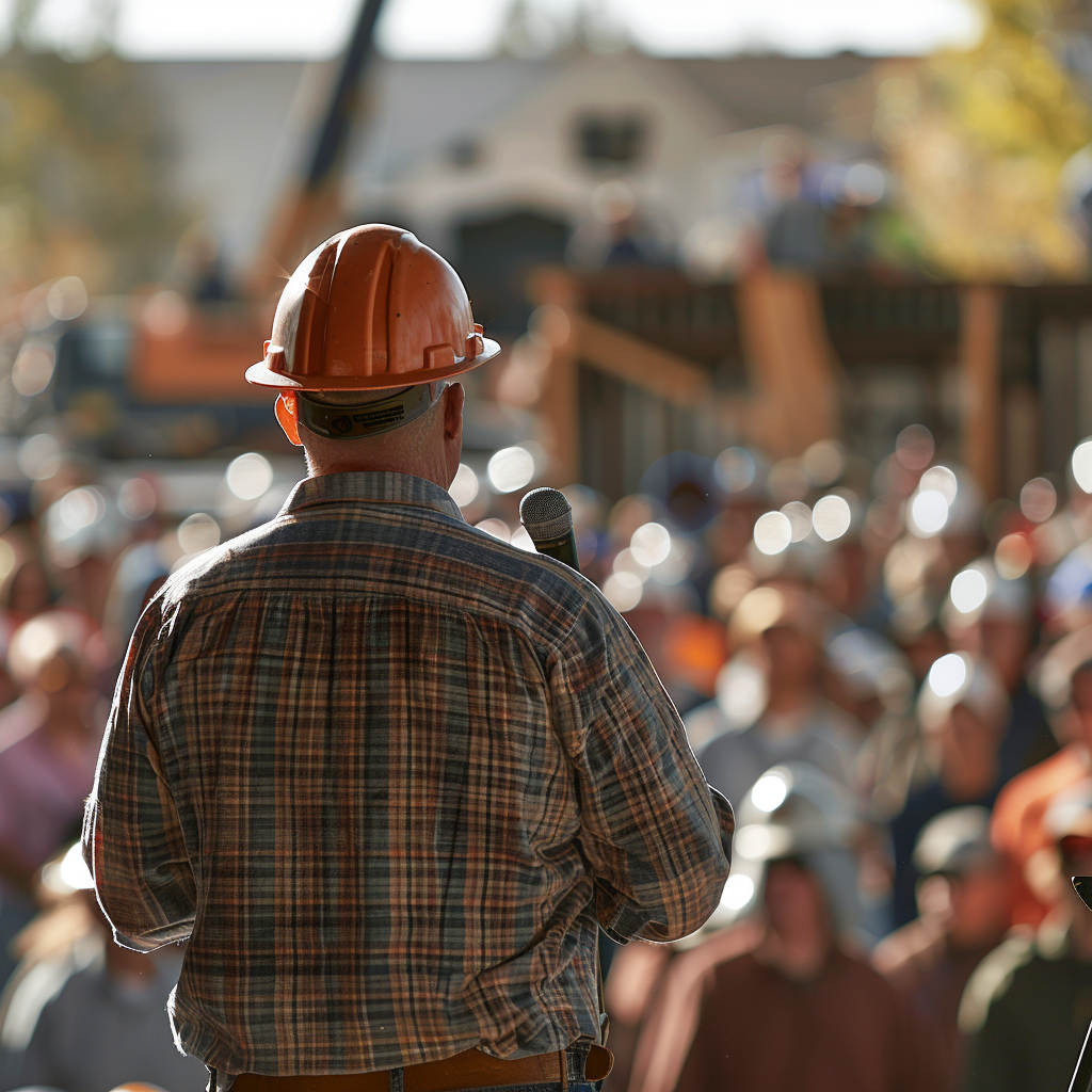 Un trabajador de la construcción frente a una multitud | Fuente: Midjourney