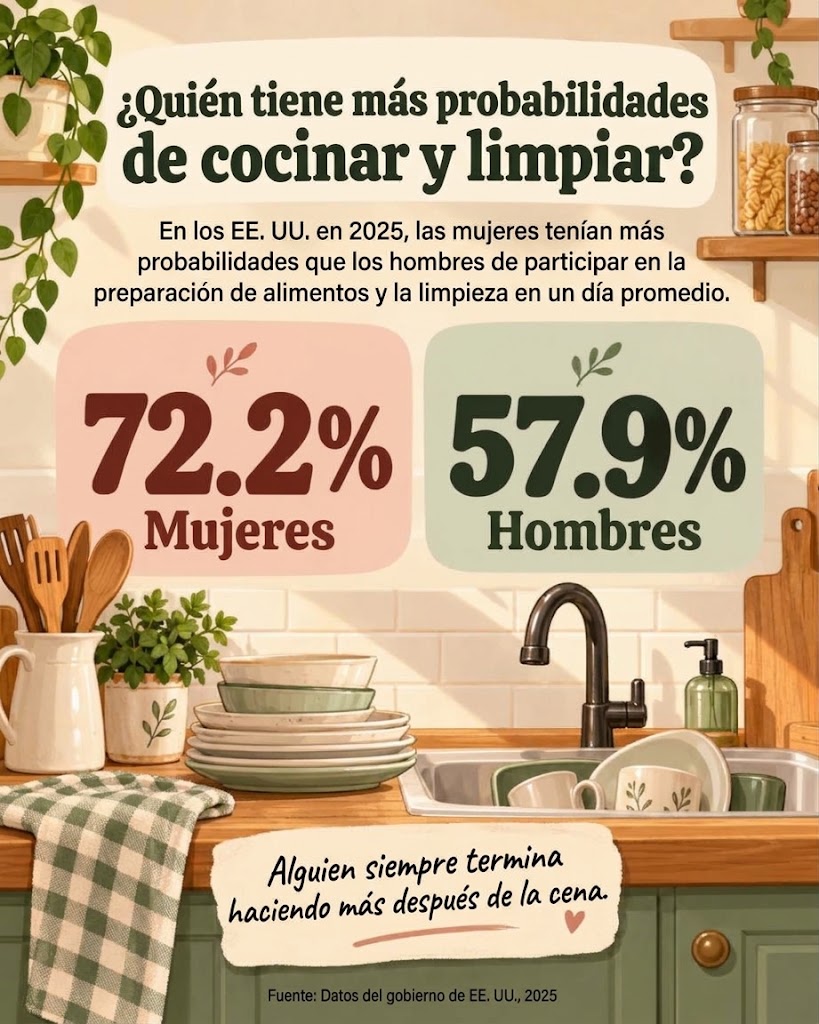 Las cifras muestran con qué frecuencia participan las mujeres y los hombres en la preparación de las comidas y en la limpieza en un día normal, en lugar de cuántas horas dedican a estas tareas. | Fuente de los datos: Oficina de Estadísticas Laborales de EE. UU., 2025 | Ilustración: generada por IA.