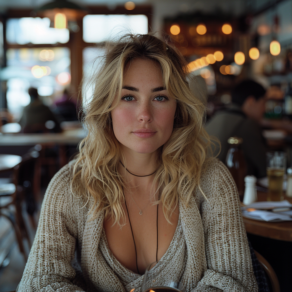 Emily sentada tímidamente en el restaurante | Fuente: Midjourney