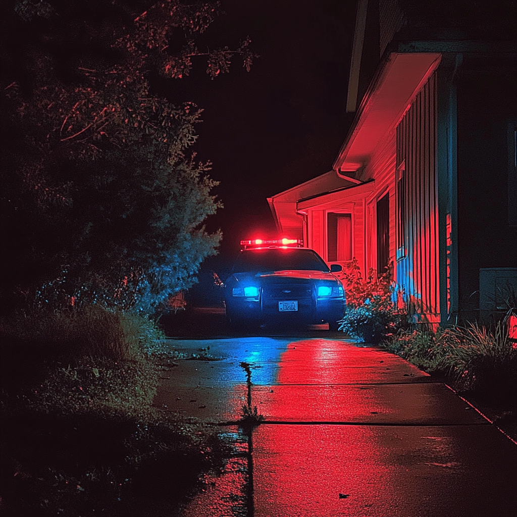 Un automóvil de Policía aparcado en una entrada | Fuente: Midjourney