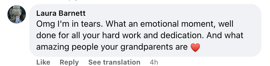 "Oh, Dios, estoy llorando. Qué momento emotivo, felicitaciones por todo tu trabajo y dedicación. Tus abuelos son personas maravillosas ❤️" | Comentarios sobre Seren Lewis | Foto: Facebook.com/Daily Mail