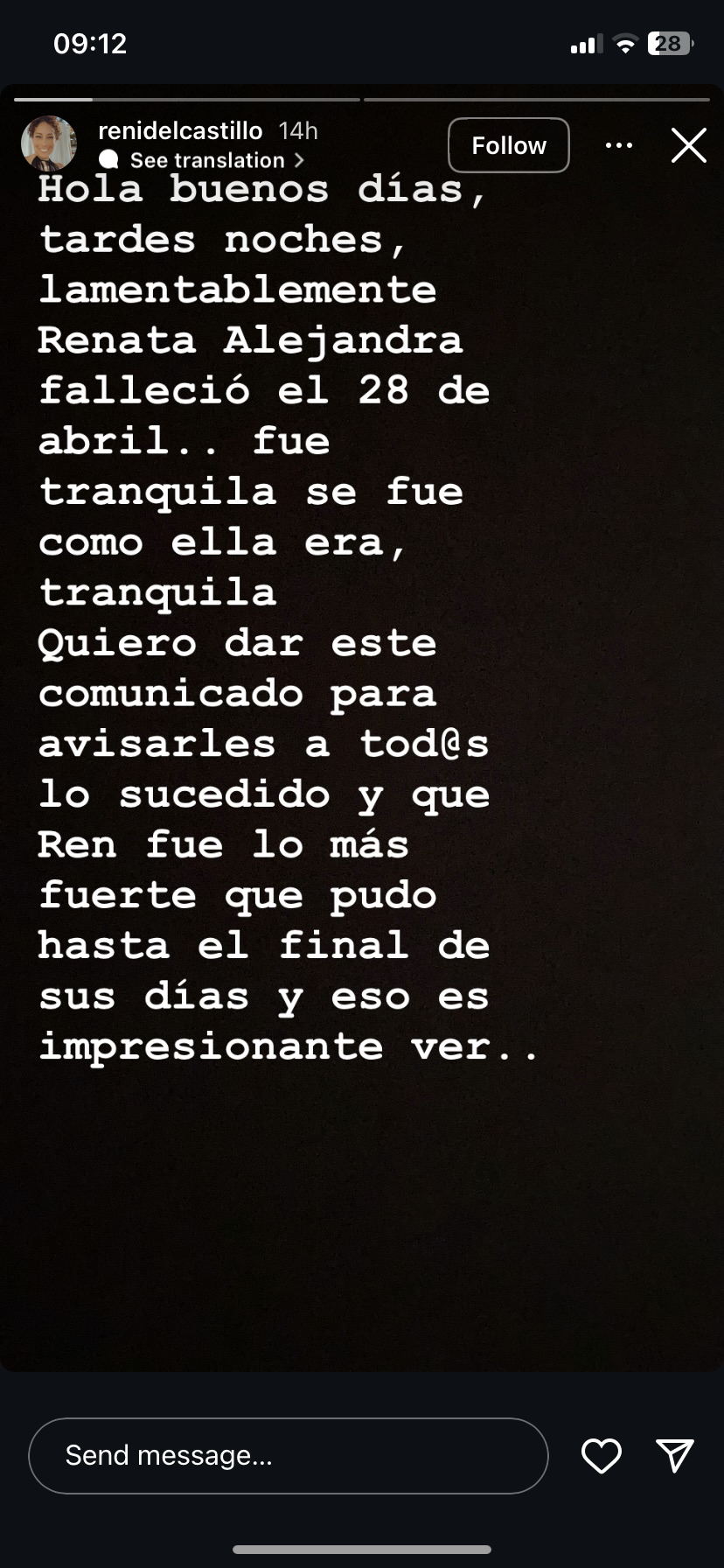 Mensaje del hijo de Renata tras la muerte de la actriz. | Fuente: instagram.com/renidelcastillo