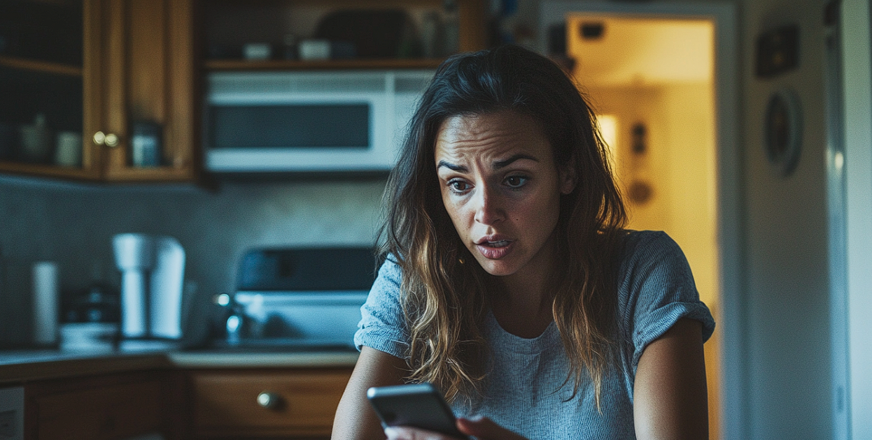 Una mujer mirando atónita su teléfono | Fuente: Midjourney