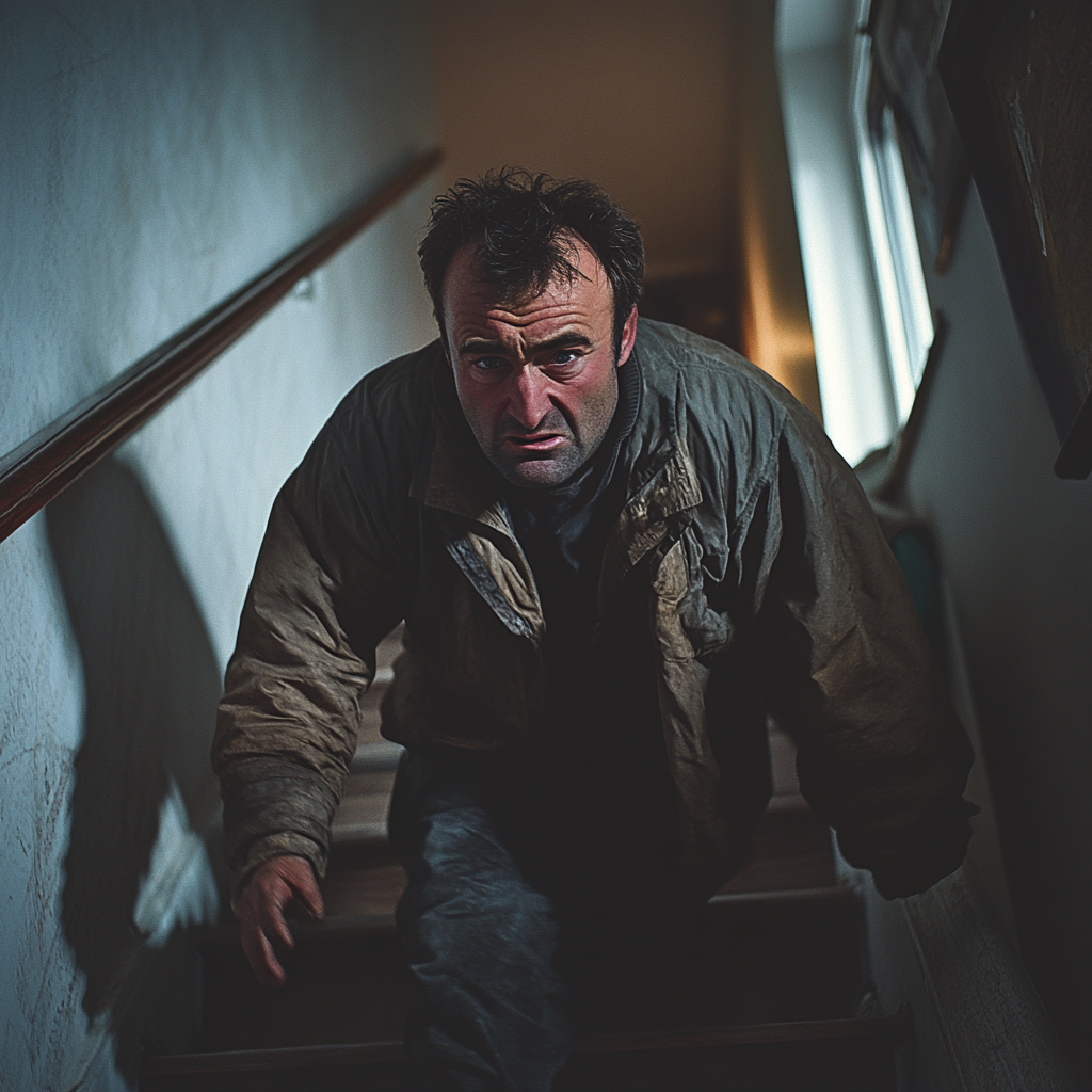 Un hombre enfadado subiendo las escaleras | Fuente: Midjourney