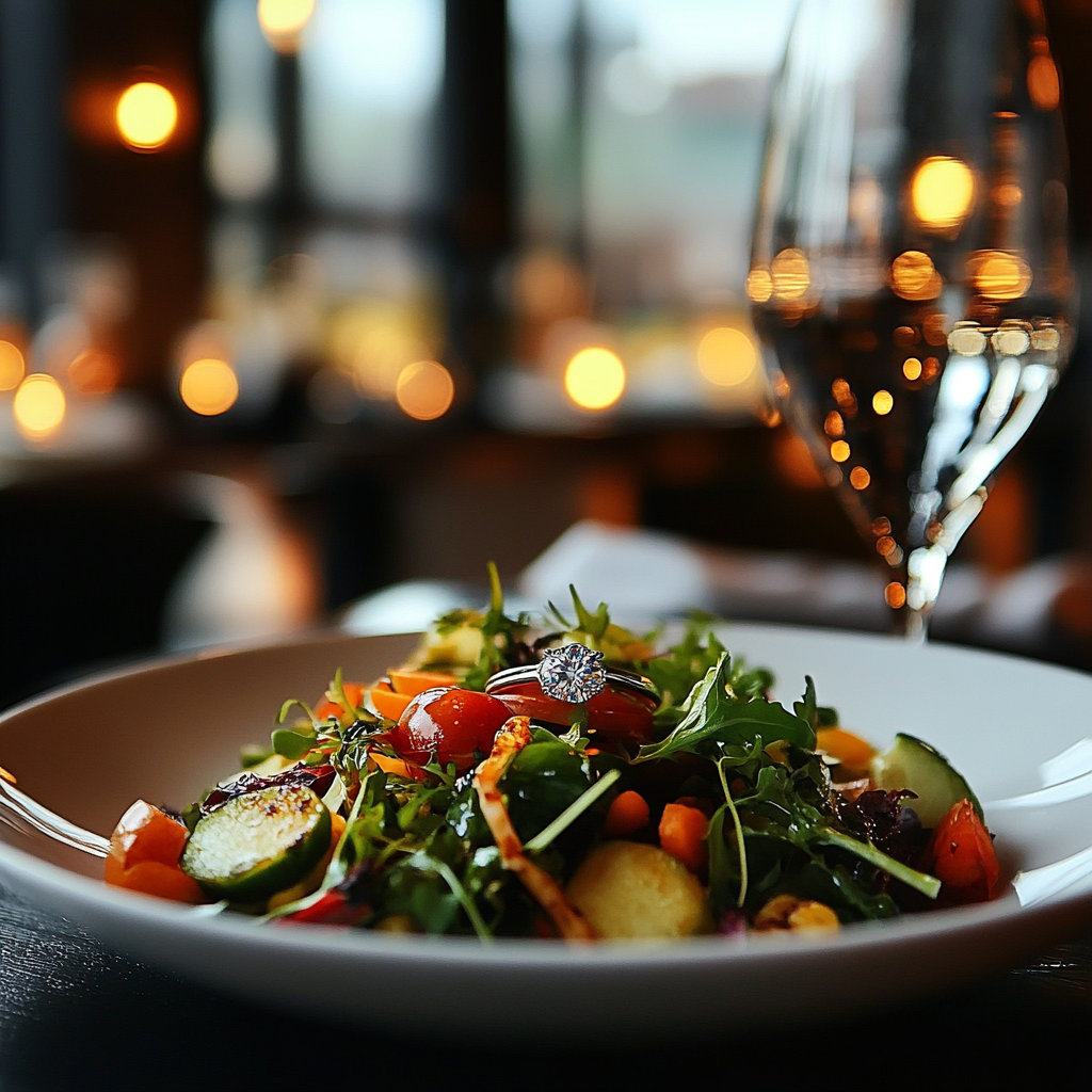 Un anillo de diamantes sobre un plato de ensalada en la mesa de un restaurante | Fuente: Midjourney