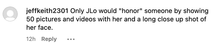"Solo JLo 'honraría' a alguien mostrando 50 fotos y vídeos con ella y una foto con un primer plano de su cara" | Comentario sobre el post de Instagram de Jennifer Lopez | Foto: instagram.com/jlo