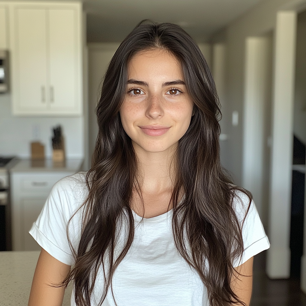Una joven sonriente con una camiseta blanca | Fuente: Midjourney