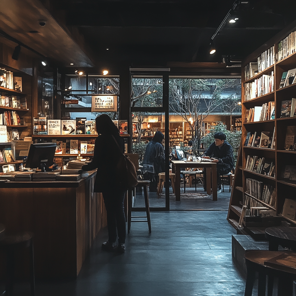 Gente en una librería con cafetería. | Fuente: Midjourney